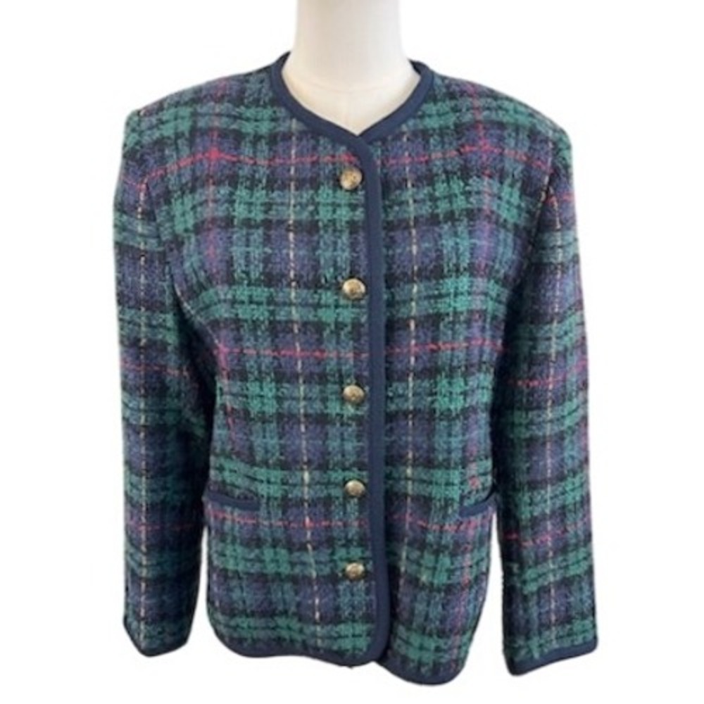 Vintage Alfred Dunner Plaid Tweed Blazer Jacket Wool Blend Career Size 12
